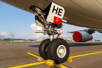 An Airbus A330-300 aircraft landing gear of Swiss with the registration HB-JHE at Zurich airport