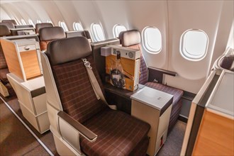Business Class cabin of an Airbus A340-300 aircraft of Swiss at Zurich Airport