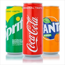 Coca Cola Coca-Cola Fanta Sprite products lemonade soft drink beverage in beverage can cutout against white background