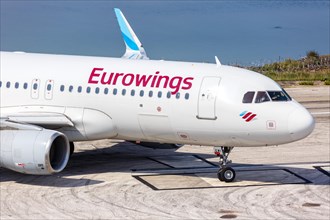 An Airbus A320 aircraft of Eurowings with registration number D-AEWI at Corfu Airport