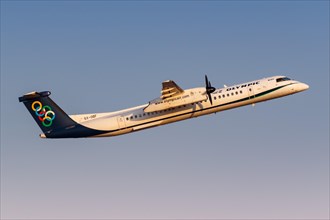 A Bombardier DHC-8-400 aircraft of Olympic Air with registration number SX-OBF at Athens Airport