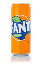 Fanta Orange lemonade soft drink beverage in beverage can cutout on white background