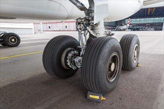 An Airbus A330-300 aircraft landing gear of Swiss with the registration HB-JHF at Zurich airport