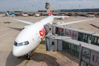 A Boeing 777-300ER aircraft of Swiss with registration HB-JNG at Zurich airport