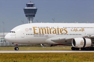 An Emirates Airbus A380-800 with registration number A6-EUI at Munich Airport