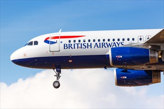 A British Airways Airbus A320 with the registration G-EUYU lands at London Heathrow Airport