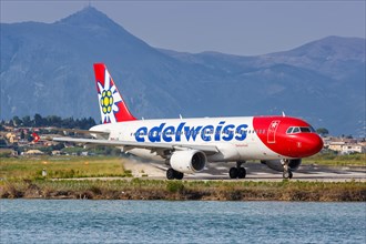 An Airbus A320 aircraft of Edelweiss with registration HB-IJW at Corfu Airport