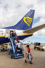 A Ryanair Boeing 737-800 aircraft with registration EI-EBV at Tenerife South Airport