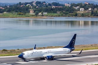 A Boeing 737-800 of Blue Panorama Airlines with the registration number 9H-FRA at Corfu Airport