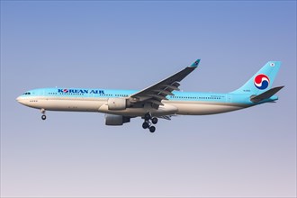 A Korean Air Airbus A330-300 with registration number HL8001 lands at Seoul Incheon Airport