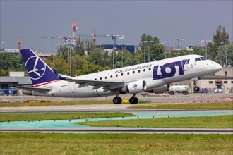 An Embraer 170 of LOT Polskie Linie Lotnicze with the registration SP-LDH at Warsaw Airport
