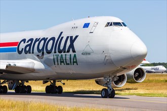 A Boeing 747-400F SCD aircraft of Cargolux Italia with registration LX-TCV at Luxembourg airport