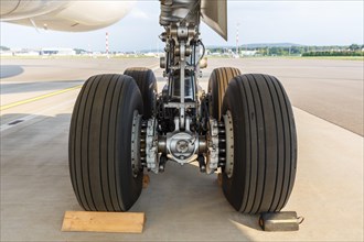 An Airbus A330-300 aircraft landing gear of Swiss with the registration HB-JHE at Zurich Airport