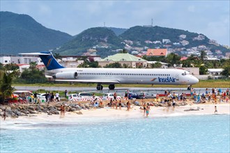 A McDonnell Douglas MD-82 of Insel Air with the registration PJ-MDE at the airport of St. Maarten