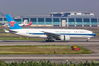 A China Southern Cargo Boeing 777F aircraft with registration number B-2027 at Guangzhou Airport