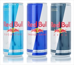 Red Bull Energy Drinks Products Lemonade Soft Drink Beverages In Drink Can Free Plate Against White Background