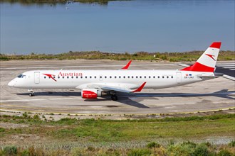 An Embraer 195 aircraft of Austrian Airlines with registration number OE-LWJ at Corfu Airport