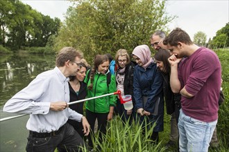 Researchers from Prof. Dr. Jens Boenigk's group at the University of Duisburg-Essen checking water samples near Grietherbusch on the Lower Rhine