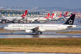 An Airbus A321 aircraft of Turkish Airlines with registration TC-JRS and EuroLeague European Starling Alliance at Istanbul Ataturk Airport