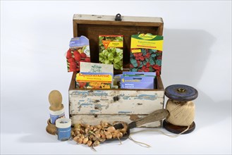 Various seeds in wooden box