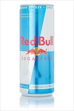 Red Bull Energy Drink sugarfree without sugar lemonade soft drink beverage in beverage can cutout against white background