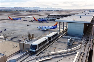 Boeing 737 aircraft of Southwest Airlines and PHX Sky Train at Phoenix Airport
