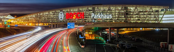 Traffic motorway A8 Messe Stuttgart Bosch parking garage movement speed panorama