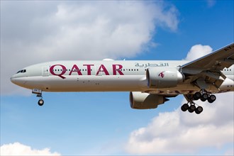 A Qatar Airways Boeing 777-300ER aircraft with registration number A7-BEK at London Heathrow Airport