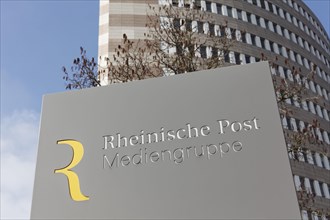 Logo Rheinische Post Mediengruppe in front of the Pressehaus Duesseldorf