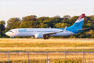 A Boeing 737-800 aircraft of Luxair with registration LX-LGU at Luxembourg airport