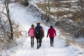 Mother and daughter walking horse along lane on snowy morning