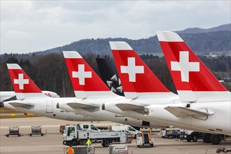 Tails of Swiss International Air Lines Airbus aircraft at Zurich Airport