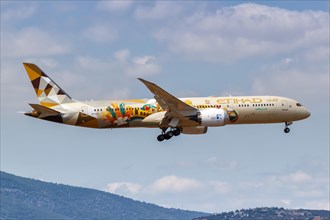 An Etihad Airways Boeing 787-9 Dreamliner with registration A6-BLH and Adnoc Italia special livery at Athens Airport
