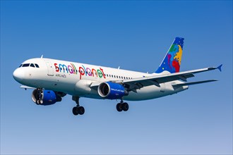 An Airbus A320 aircraft of Small Planet Airlines with registration LY-SPF at Heraklion Airport
