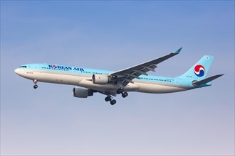 A Korean Air Airbus A330-300 with registration number HL7710 lands at Seoul Incheon International Airport