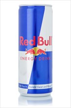Red Bull energy drink lemonade soft drink beverage in beverage can cutout on white background
