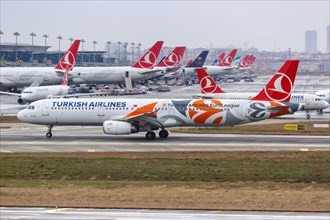 An Airbus A321 aircraft of Turkish Airlines with registration TC-JRO and EuroLeague special livery at Istanbul Atatuerk Airport