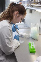 Student of the faculty of biology at the University of Duisburg-Essen during research work pipetting