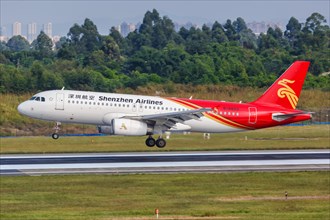 An Airbus A320 aircraft of Shenzhen Airlines with registration number B-6833 at Chengdu Airport
