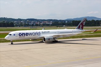 A Qatar Airways Airbus A350-900 aircraft with registration number A7-ALZ in the OneWorld special livery at Zurich Airport