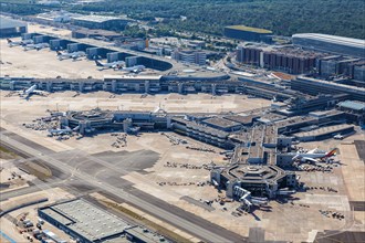 Aerial view Terminal 1 and Lufthansa aircraft at Frankfurt FRA Airport during the Corona Virus COVID-19 in Frankfurt