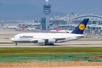 A Lufthansa Airbus A380-800 aircraft with registration D-AIMA at Seoul Incheon International Airport