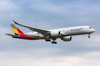 An Asiana Airlines Airbus A350-900 with registration number HL8360 lands at London Heathrow Airport