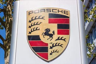 Porsche logo symbol sign headquarters in Stuttgart Zuffenhausen