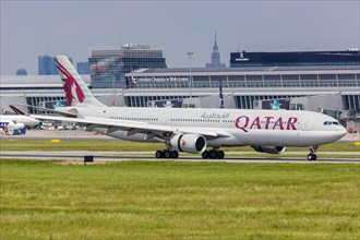 An Airbus A330-300 aircraft of Qatar Airways with registration number A7-AEA at Warsaw Airport