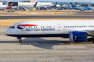 A British Airways Boeing 787-9 Dreamliner aircraft with registration G-ZBKM at London Heathrow Airport