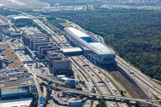 Aerial view of The Squaire building and A3 motorway at Frankfurt Airport