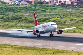 A Peruvian Boeing 737-500 aircraft with registration number OB2138P lands at Cuzco airport