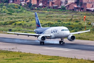 A LAN Airbus A319 with the registration CC-BCF takes off from Cuzco Airport