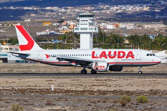 A Lauda Airbus A320 aircraft with registration number OE-LOI at Tenerife South Airport